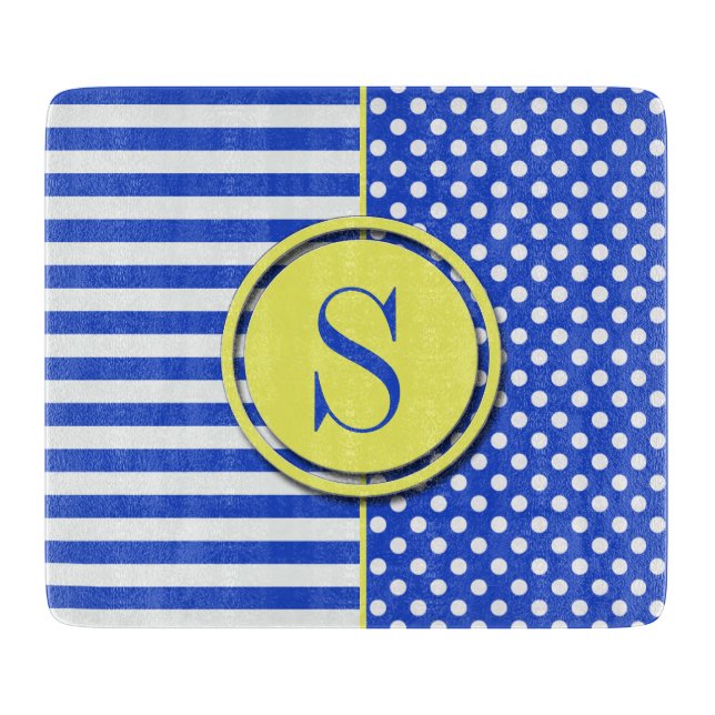 Royal Blue Polka Dots and Stripes-Monogram STaylor Cutting Board (Front)