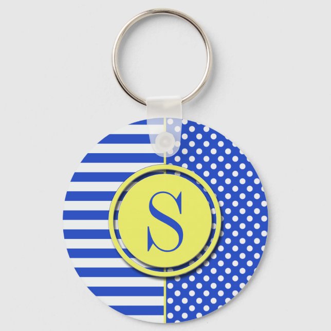 Royal Blue Polka Dots and Stripes-Monogram STaylor Keychain (Front)