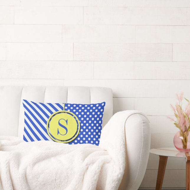 Royal Blue Polka Dots and Stripes-Monogram STaylor Lumbar Pillow (Couch)