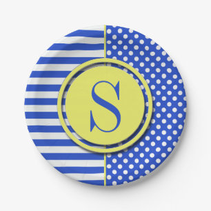 Royal Blue Polka Dots and Stripes-Monogram STaylor Paper Plates