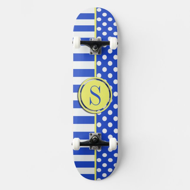 Royal Blue Polka Dots and Stripes-Monogram STaylor Skateboard (Front)