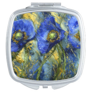 Royal Blue Poppies in Gold Swirl Compact Mirror