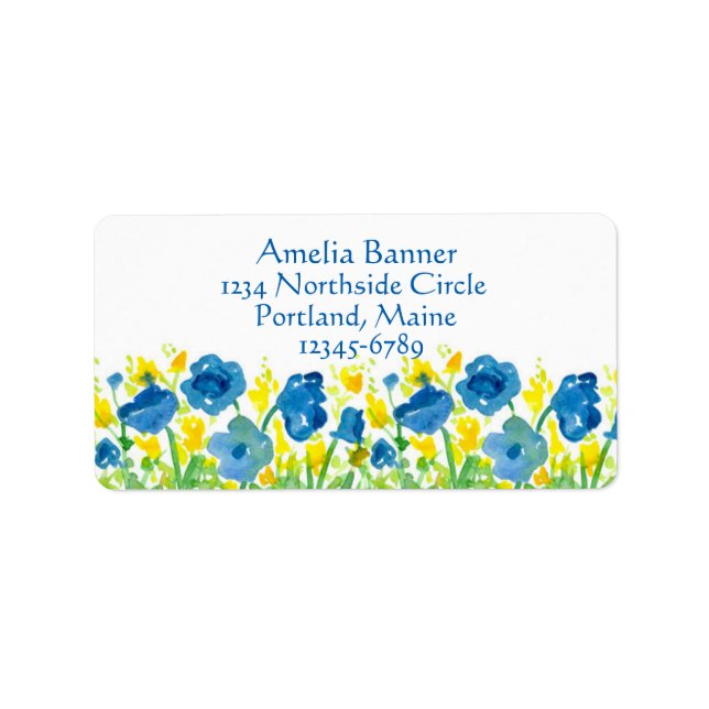 Royal Blue Poppies Yellow Watercolor Flowers Label (Front)
