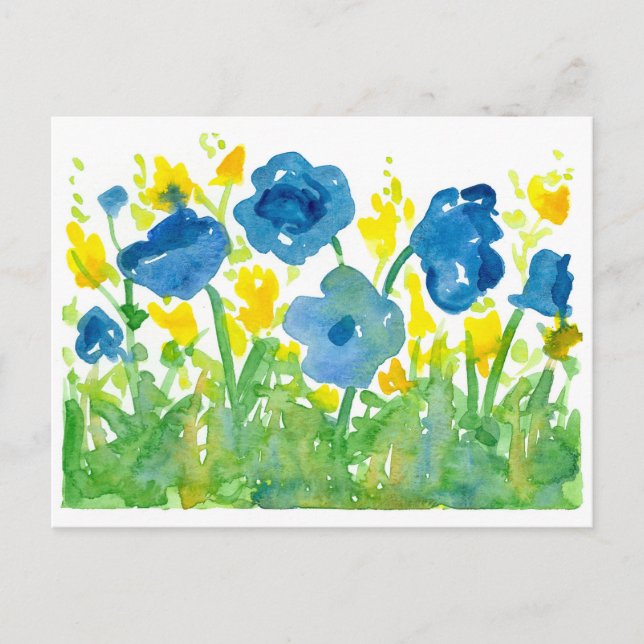 Royal Blue Poppies Yellow Wildflowers Watercolor Postcard (Front)