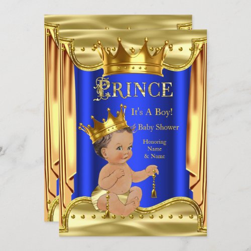 Royal Blue Prince Baby Shower Gold Brunette Boy Invitation