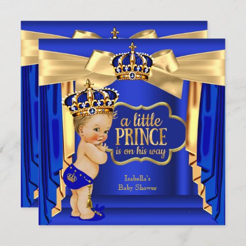 Royal Blue Prince Baby Shower Gold Crown Blonde Invitation
