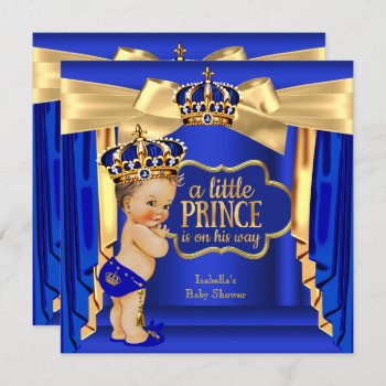 Royal Blue Prince Baby Shower Gold Crown Brunette Invitation by VintageBabyShop at Zazzle
