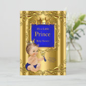 Royal Blue Prince Baby Shower Gold Crown Brunette Invitation (Standing Front)