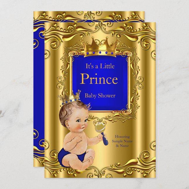 Royal Blue Prince Baby Shower Gold Crown Brunette Invitation (Front/Back)