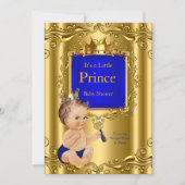 Royal Blue Prince Baby Shower Gold Crown Brunette Invitation (Front)