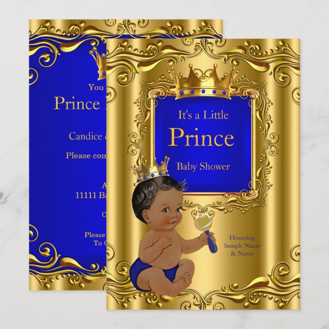 Royal Blue Prince Baby Shower Gold Crown Ethnic Invitation (Front/Back)