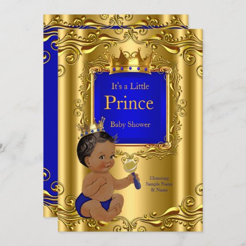 Royal Blue Prince Baby Shower Gold Crown Ethnic Invitation