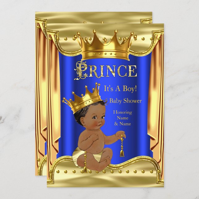 Royal Blue Prince Baby Shower Gold Ethnic Invitation (Front/Back)