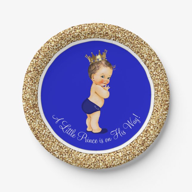 Royal Blue Prince Baby Shower Paper Plates (Front)
