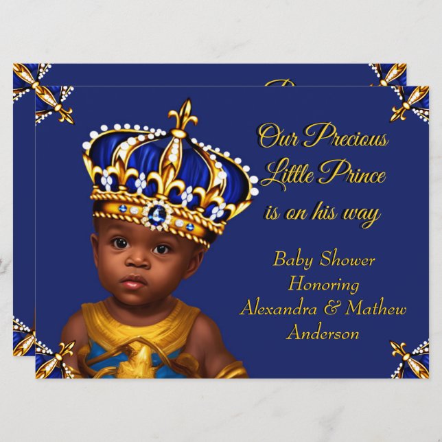 Royal Blue Prince Boy Baby Shower Gold Ethnic Invitation (Front/Back)