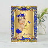 Royal Blue Prince Crown Baby Shower Bear Brunette Invitation (Standing Front)