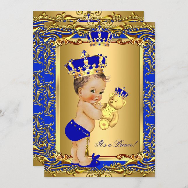 Royal Blue Prince Crown Baby Shower Bear Brunette Invitation (Front/Back)