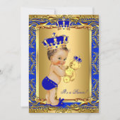 Royal Blue Prince Crown Baby Shower Bear Brunette Invitation (Front)