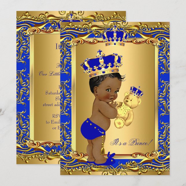 Royal Blue Prince Crown Baby Shower Bear Ethnic Invitation (Front/Back)