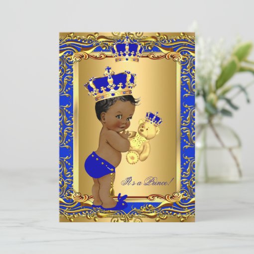 Royal Blue Prince Crown Baby Shower Bear Ethnic Invitation | Zazzle