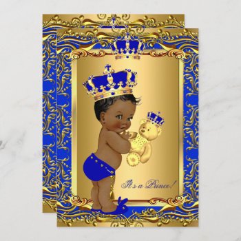 Royal Blue Prince Crown Baby Shower Bear Ethnic Invitation by VintageBabyShop at Zazzle