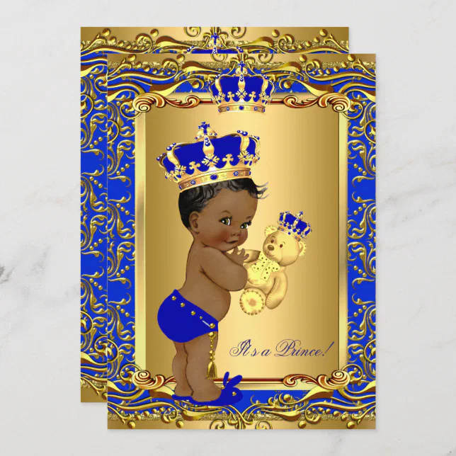 Royal Blue Prince Crown Baby Shower Bear Ethnic Invitation | Zazzle