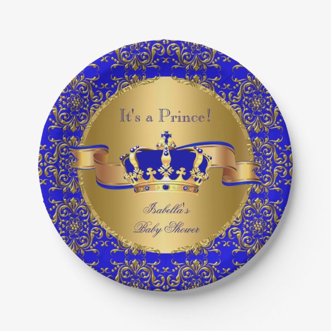 Royal Blue Prince Crown Baby Shower Boy Paper Plates (Front)