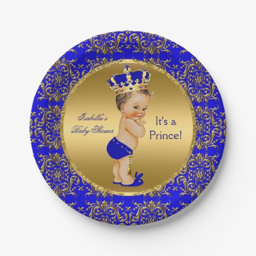 Royal Blue Prince Crown Baby Shower Brunette Boy Paper Plates