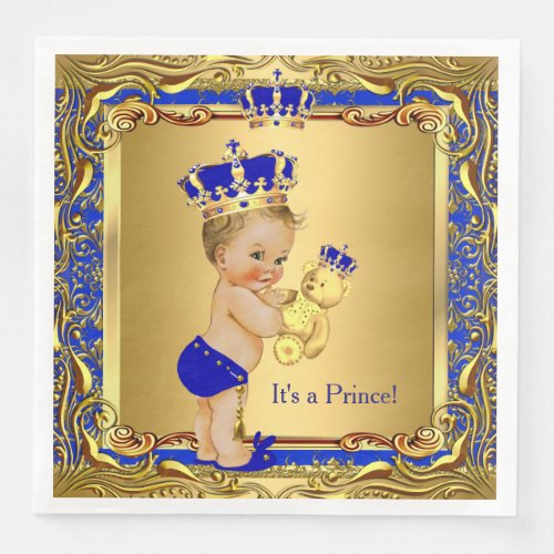 Royal Blue Prince Gold Crown Baby Shower Blonde Paper Dinner Napkins