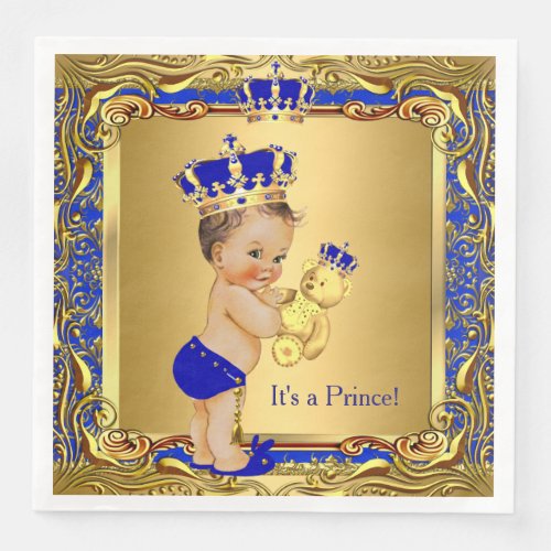 Royal Blue Prince Gold Crown Baby Shower Brunette Paper Dinner Napkins