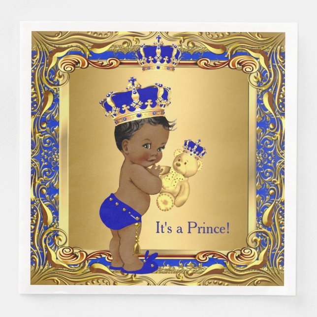 Royal Blue Prince Gold Crown Baby Shower Ethnic Paper Dinner Napkins (Front)