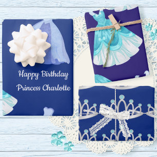 Royal Blue Princess Birthday Wrapping Paper Sheets