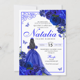 Royal Blue Princess & Butterflies Quinceañera Invitation