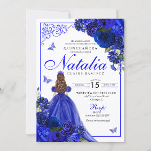 Royal Blue Princess & Butterflies Quinceañera Invitation