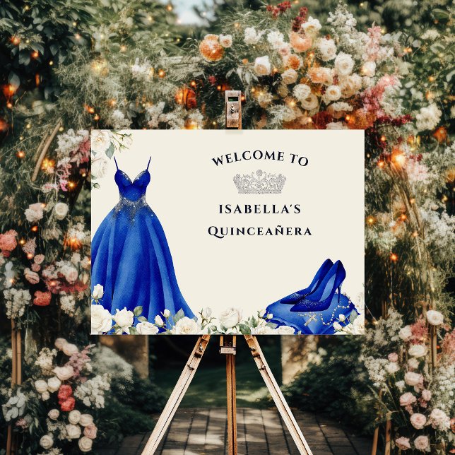 Royal Blue Princess Dress and Rosary Welcome Foam Board (Quinceanera Welcome Sign from the Princess Dress and Roses Quinceanera collection by Darling & May)