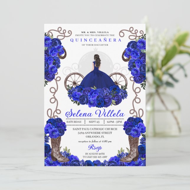 Royal Blue Princess Dress & Boots Quinceanera Invitation (Standing Front)