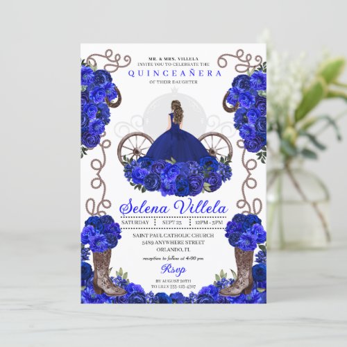 Royal Blue Princess Dress  Boots Quinceanera Invitation