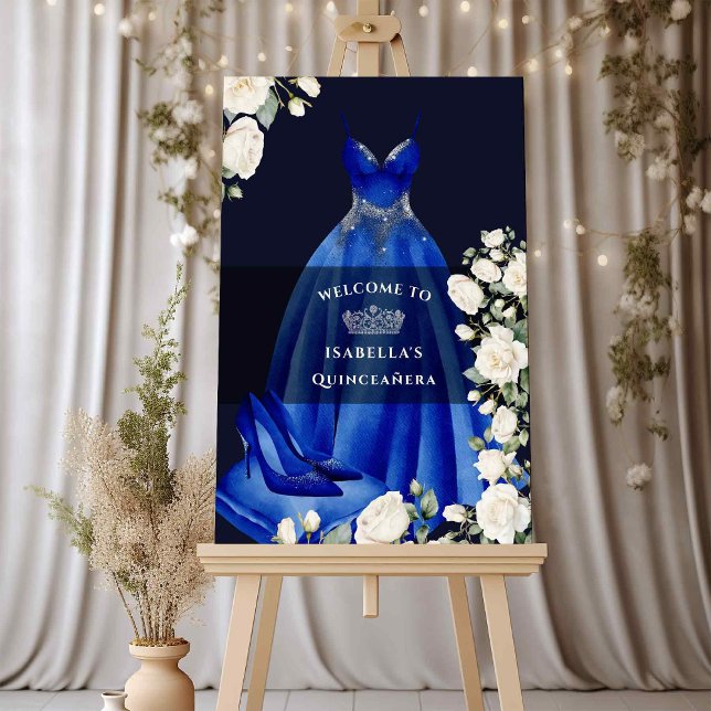 Royal Blue Princess Dress Dark Dramatic Welcome Foam Board (Quinceanera welcome sign  from the Princess Dress and Roses Quinceanera collection by Darling & May)