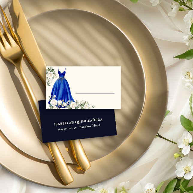 Royal Blue Princess Dress Personalized Place Card (Table place cards from the Princess Dress and Roses Quinceanera collection by Darling & May)