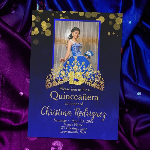 Royal Blue Princess Dress Quinceanera Gold Tiara Invitation