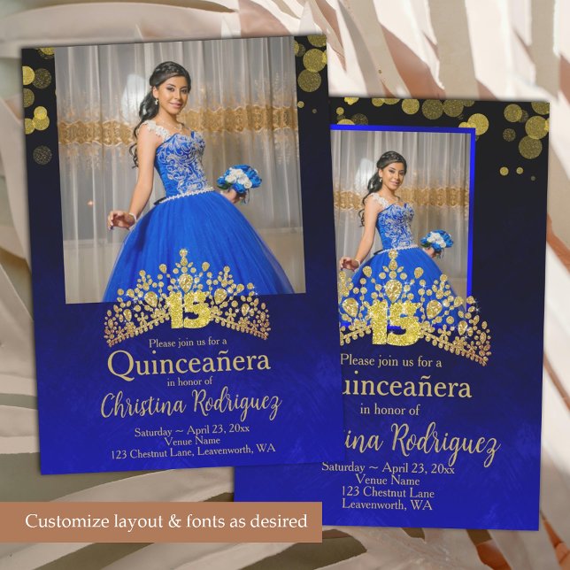 Royal Blue Princess Dress Quinceanera Gold Tiara Invitation | Zazzle
