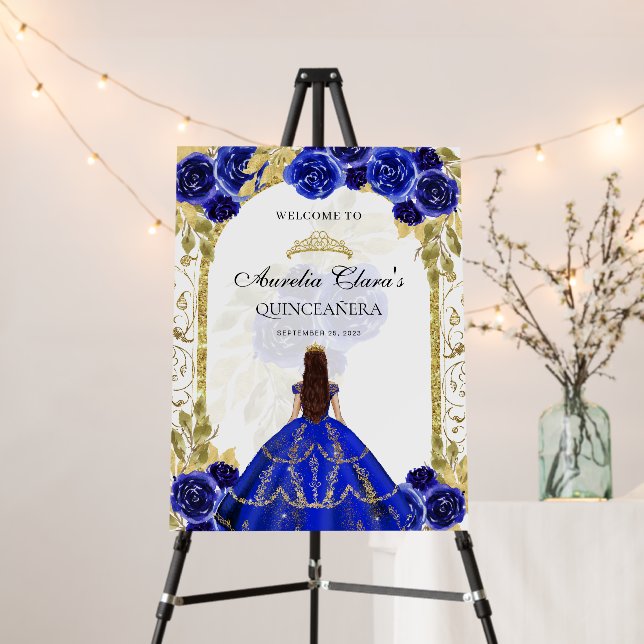 Royal Blue Princess Floral Quinceañera Birthday Foam Board (In Situ (Stand))