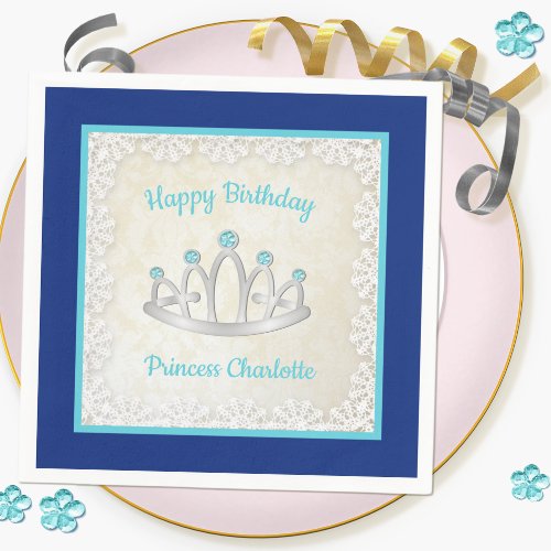 Royal Blue Princess Tiara Birthday Paper Napkin