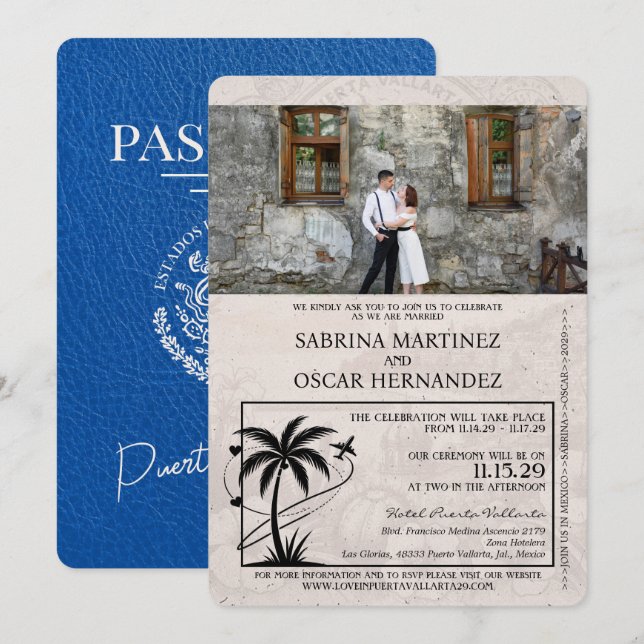 Royal Blue Puerta Vallarta Passport Wedding Invitation (Front/Back)