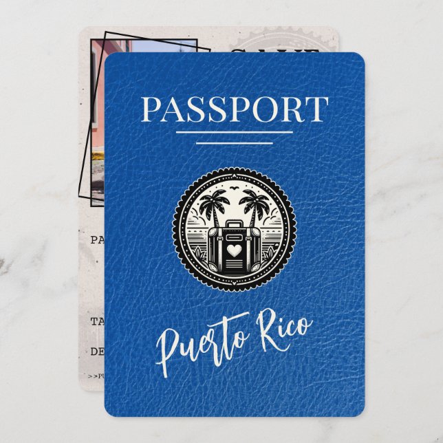 Royal Blue Puerto Rico Passport Save The Date (Front/Back)