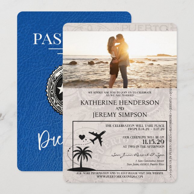 Royal Blue Puerto Rico Passport Wedding Invitation (Front/Back)