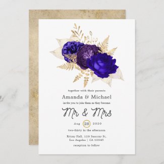 Royal Blue, Purple and Gold Floral Wedding Invitation