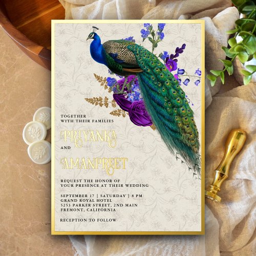 Royal Blue Purple Floral Indian Peacock Wedding Foil Invitation