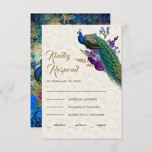 Royal Blue Purple Floral Indian Peacock Wedding RSVP Card