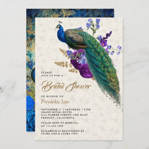 Royal Blue Purple Floral Peacock Bridal Shower Invitation